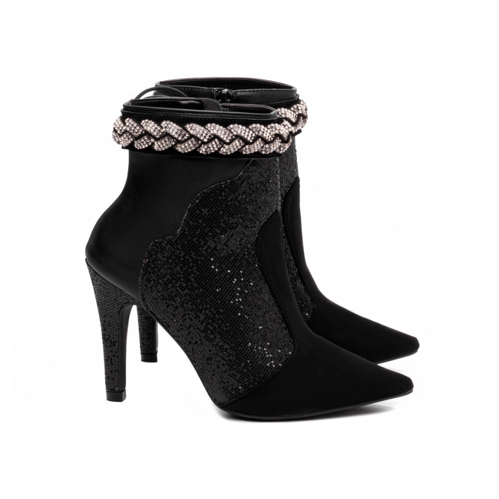 Bota Feminina de Cano Curto em Napa Preto e Glitter Strass