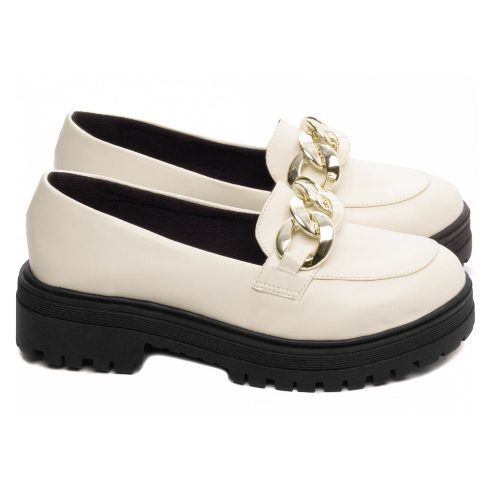 Mocassim Feminino Tratorado Napa Off White Com Corrente