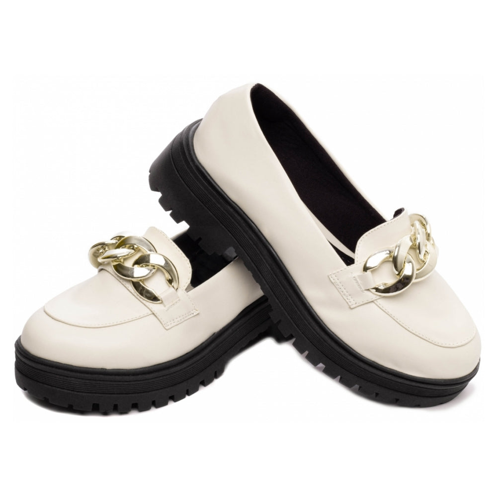 Mocassim Feminino Tratorado Napa Off White Com Corrente