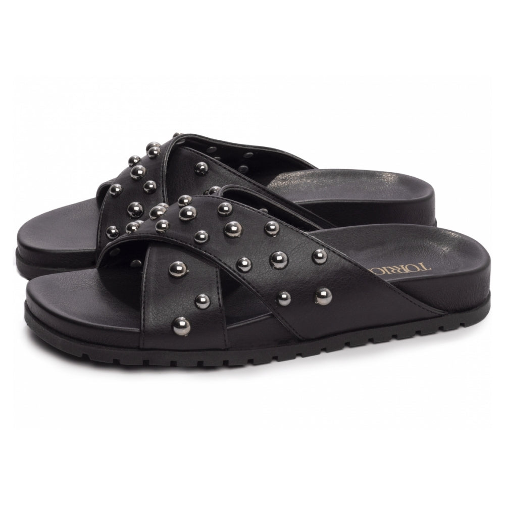 Sandália Papete Birken Casual de Napa Preto com Apliques Redondos Grafite