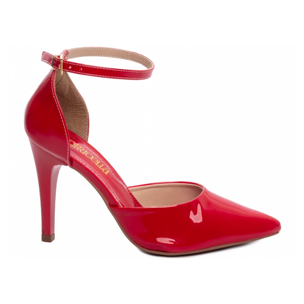 Scarpin Feminino de Salto Alto em Verniz Vermelho com Detalhe de Fivela Dourada