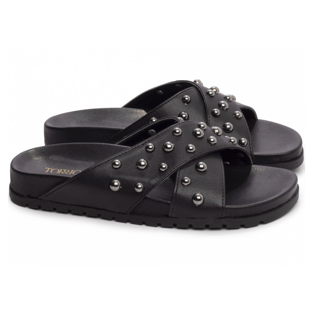 Sandália Papete Birken Casual de Napa Preto com Apliques Redondos Grafite