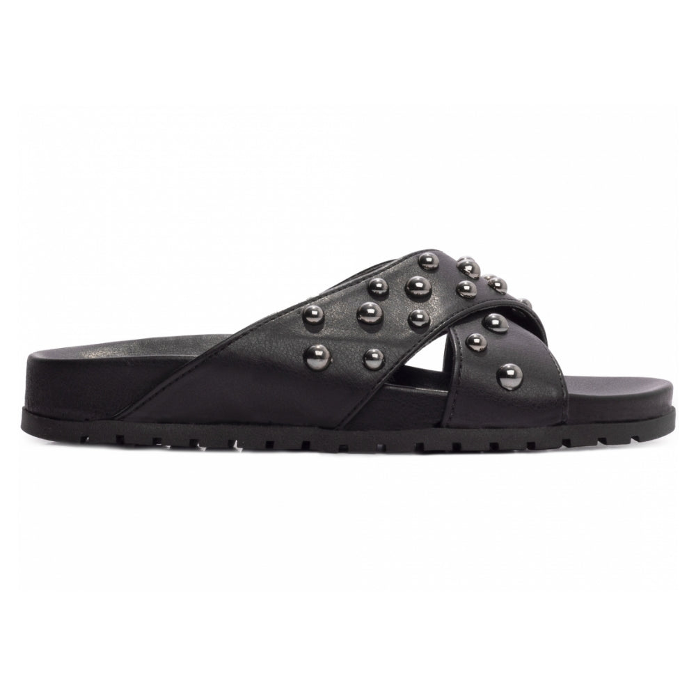 Sandália Papete Birken Casual de Napa Preto com Apliques Redondos Grafite