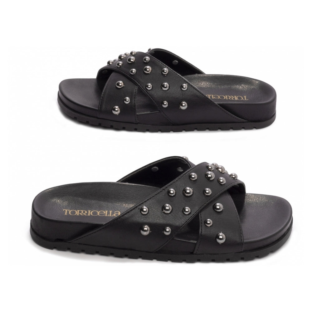 Sandália Papete Birken Casual de Napa Preto com Apliques Redondos Grafite