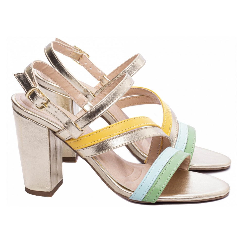 Sandalia Napa Ouro Light, Verde, Azul e Amarelo com Fivela Dourada