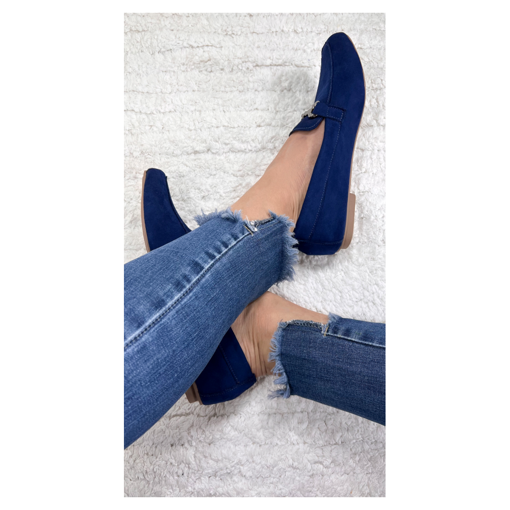 Mocassim Feminino Bico Alongado Camurça Azul