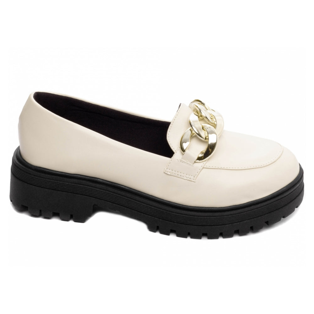 Mocassim Feminino Tratorado Napa Off White Com Corrente