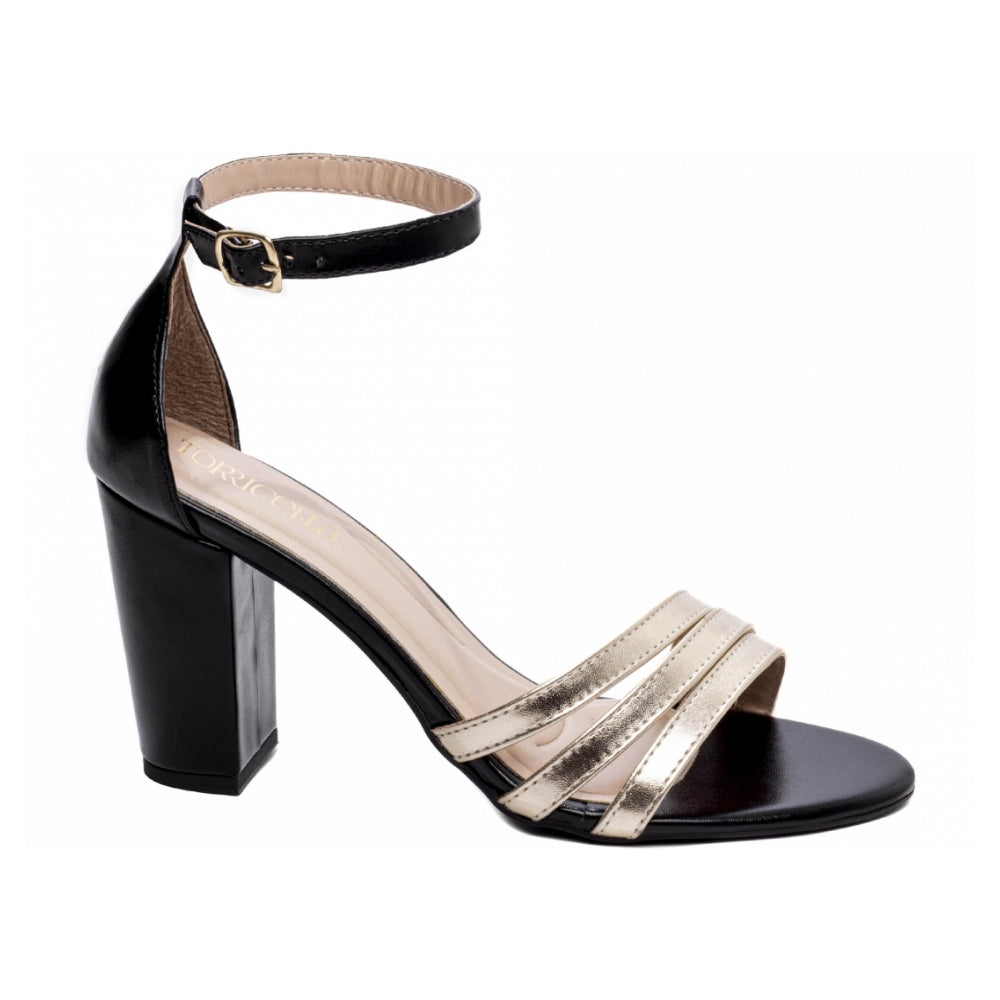 Sandalia Napa Ouro Light e Preto com Fivela Dourada