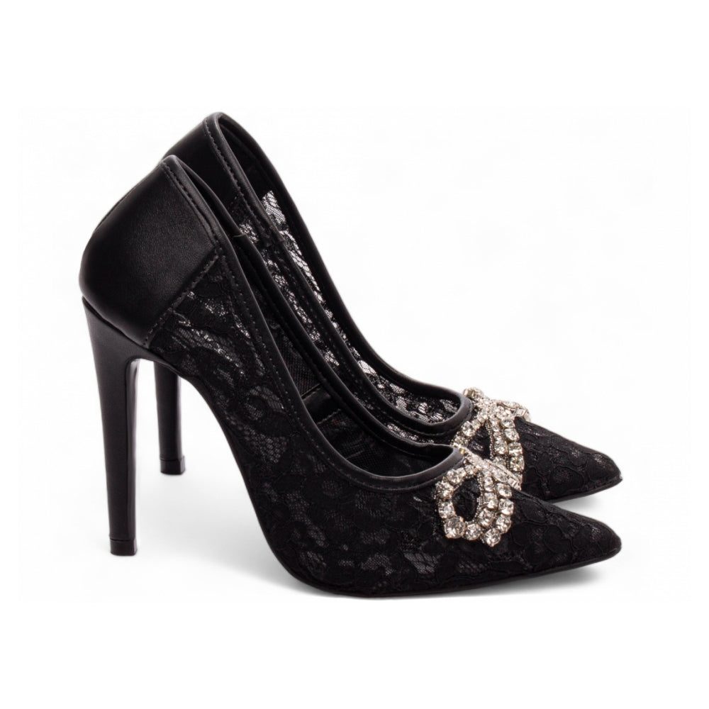 Sapato Scarpin Napa Preto e Tecido Preto Renda Detalhe Strass Salto 12