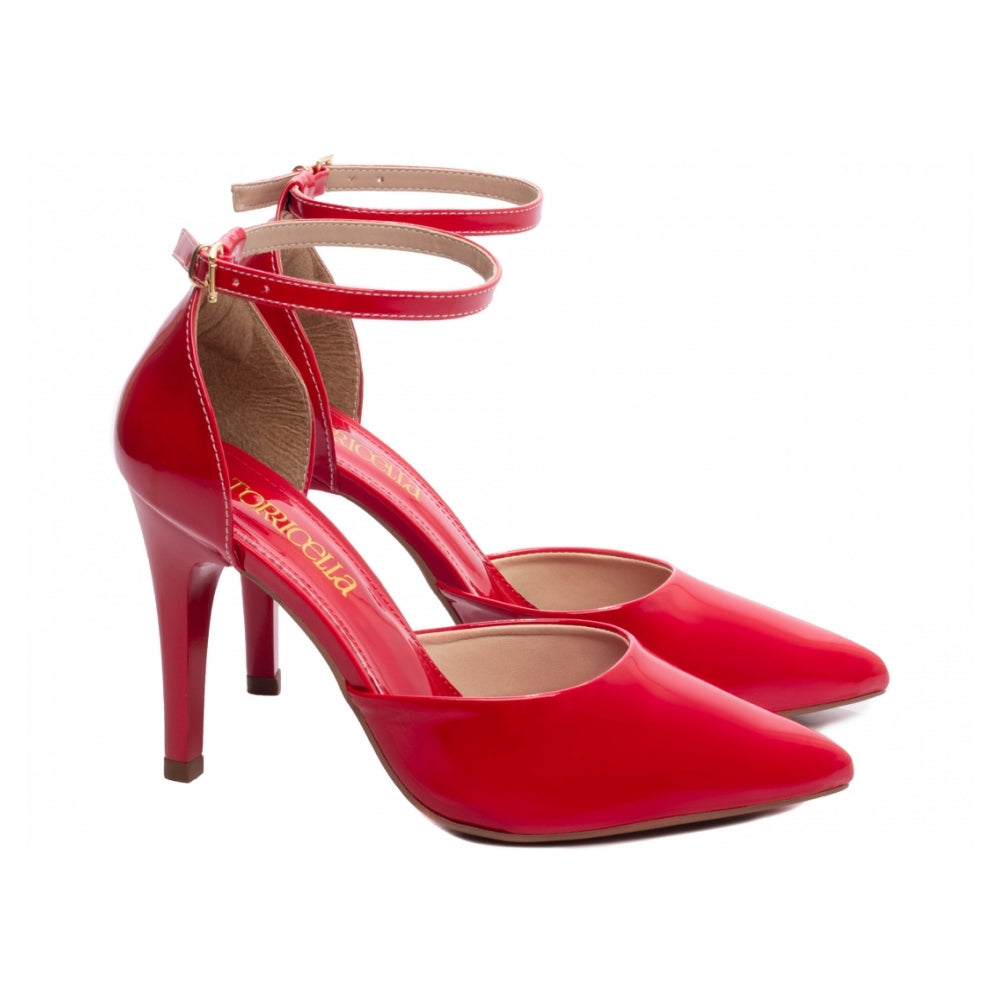 Scarpin Feminino de Salto Alto em Verniz Vermelho com Detalhe de Fivela Dourada