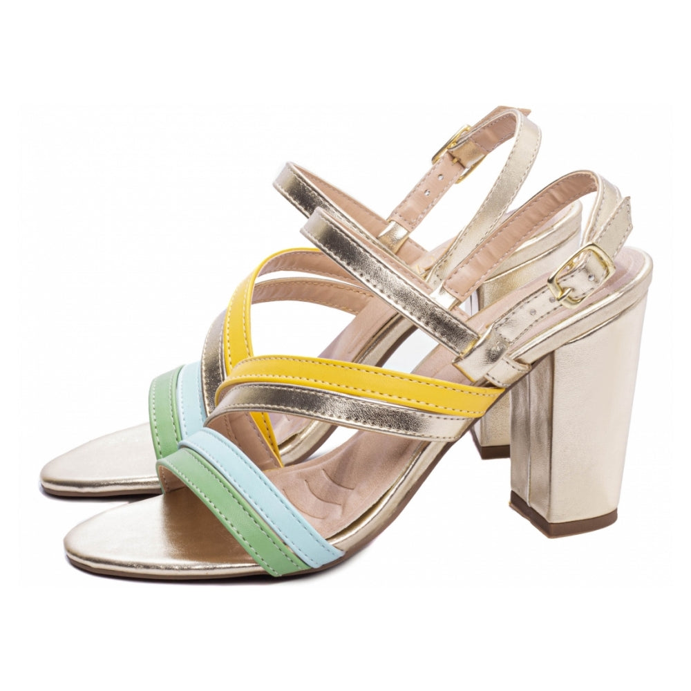 Sandalia Napa Ouro Light, Verde, Azul e Amarelo com Fivela Dourada