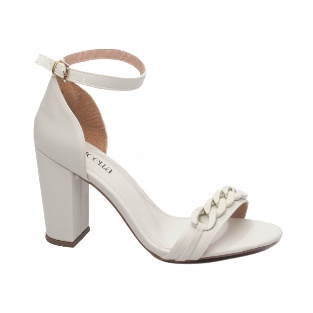 Sandalia Feminina em Napa Off White com Detalhes de Fivela Ouro Light e Enfeite em ABS Off White