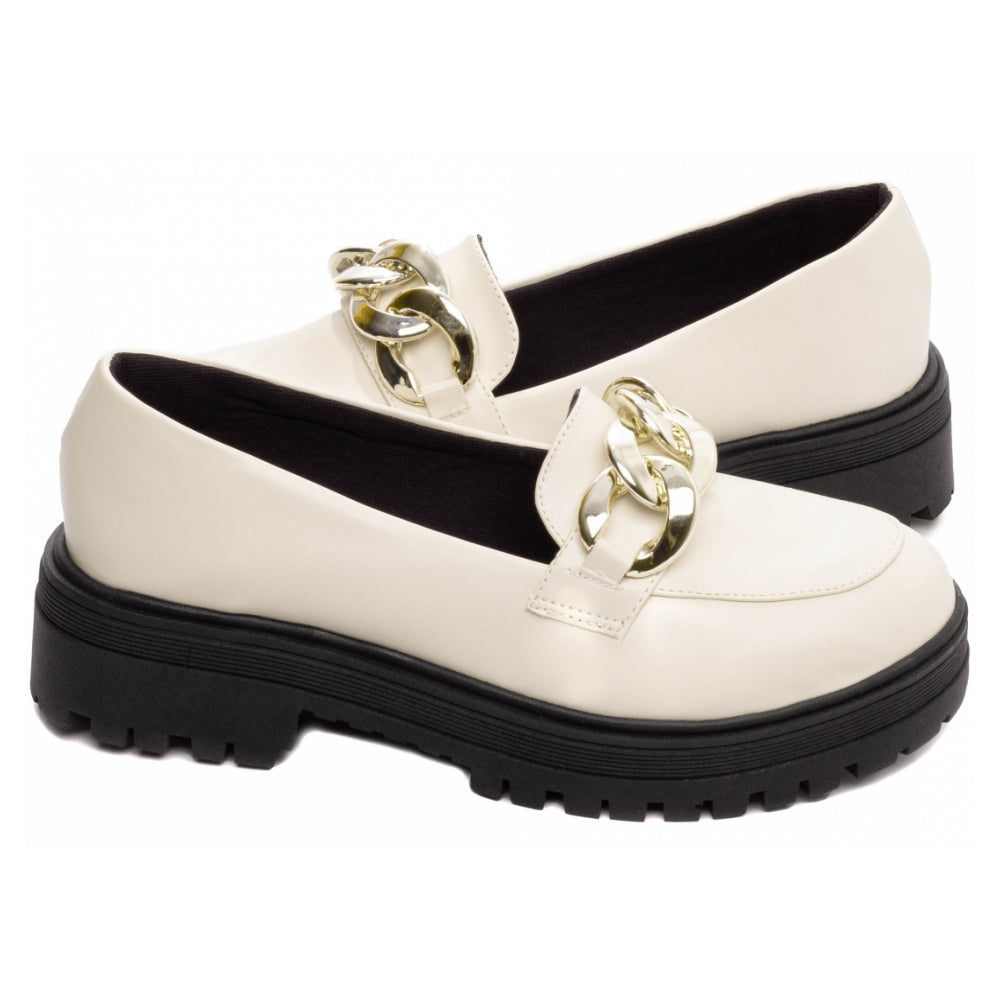 Mocassim Feminino Tratorado Napa Off White Com Corrente