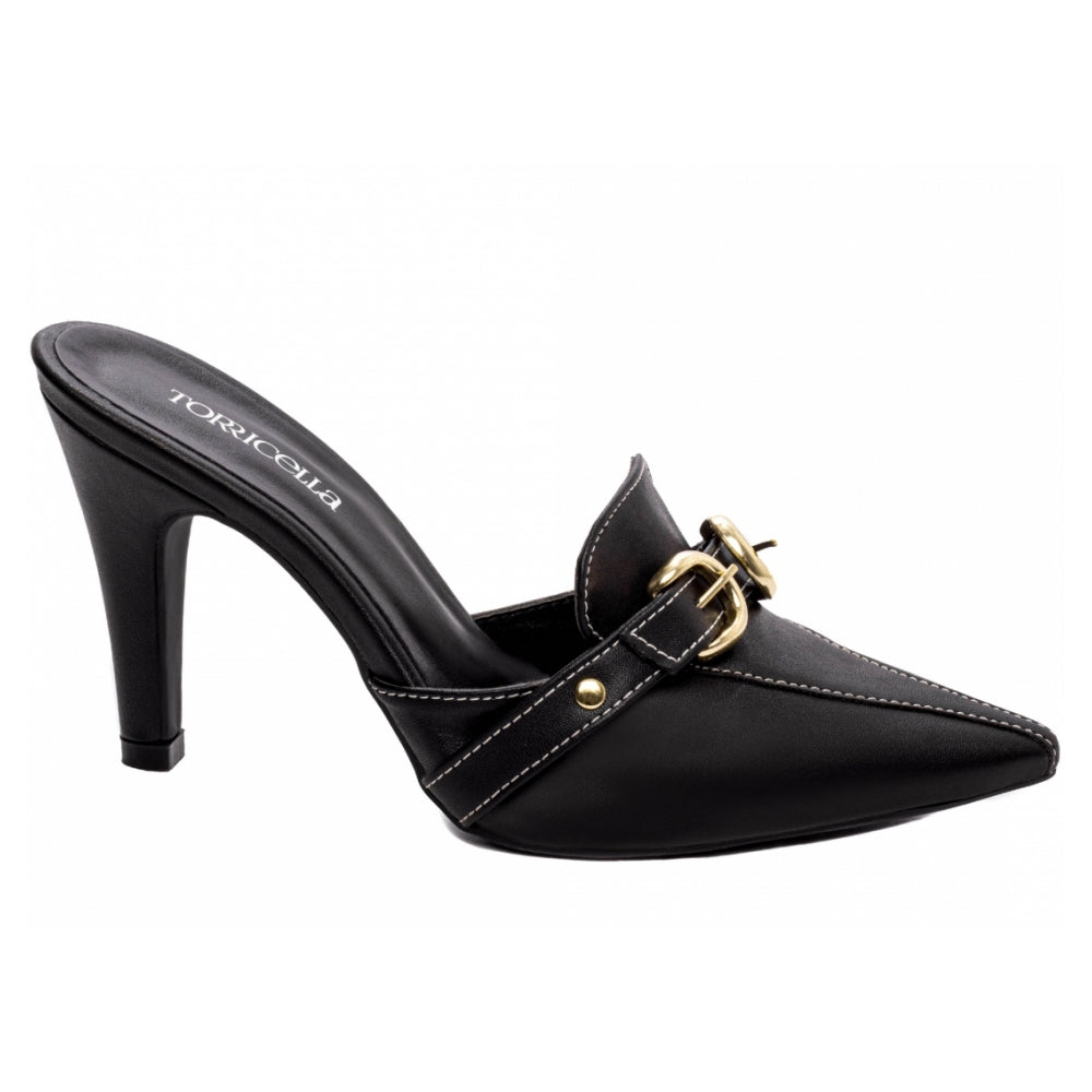 Scarpin Mule com Fivelas e Apliques em Napa Preto