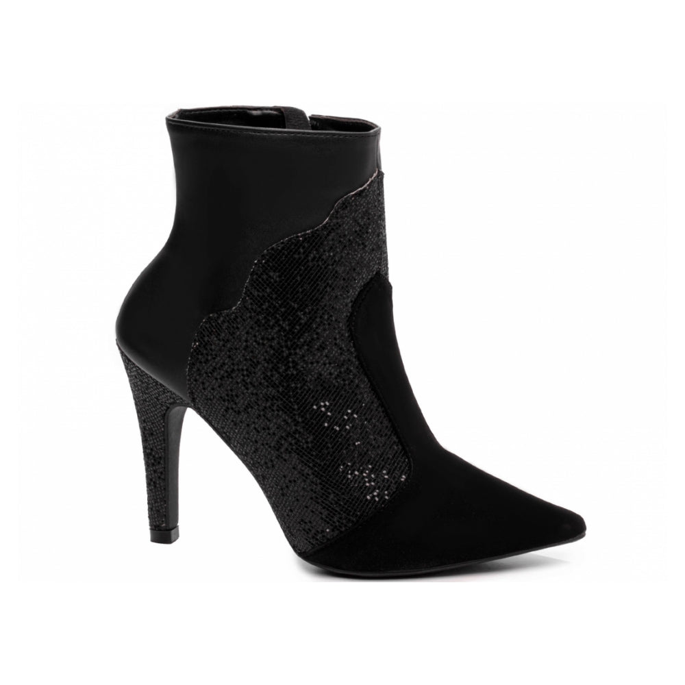 Bota Feminina de Cano Curto em Napa Preto e Glitter Strass