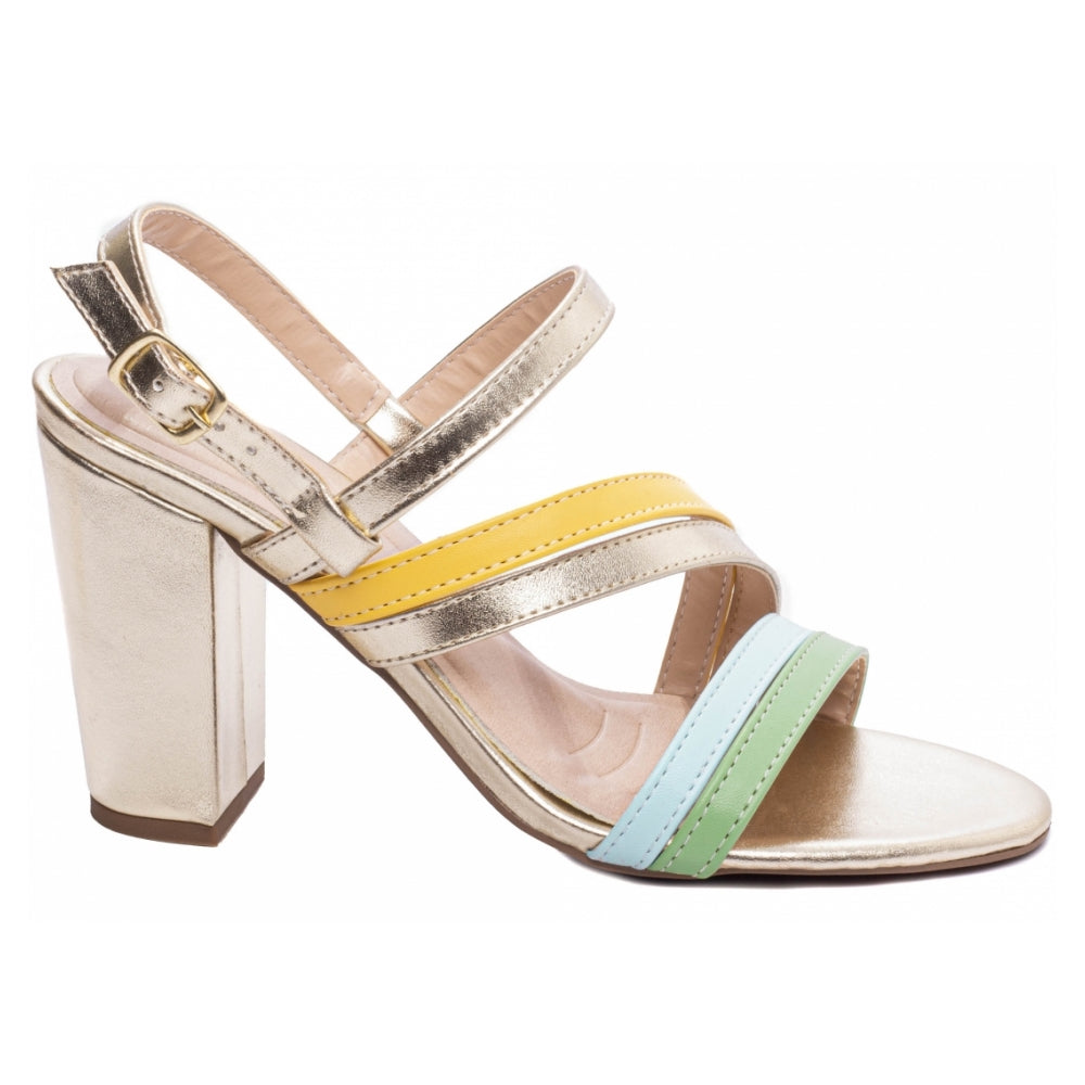 Sandalia Napa Ouro Light, Verde, Azul e Amarelo com Fivela Dourada