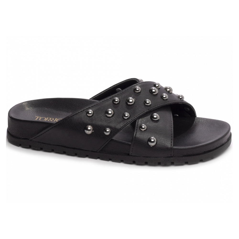 Sandália Papete Birken Casual de Napa Preto com Apliques Redondos Grafite