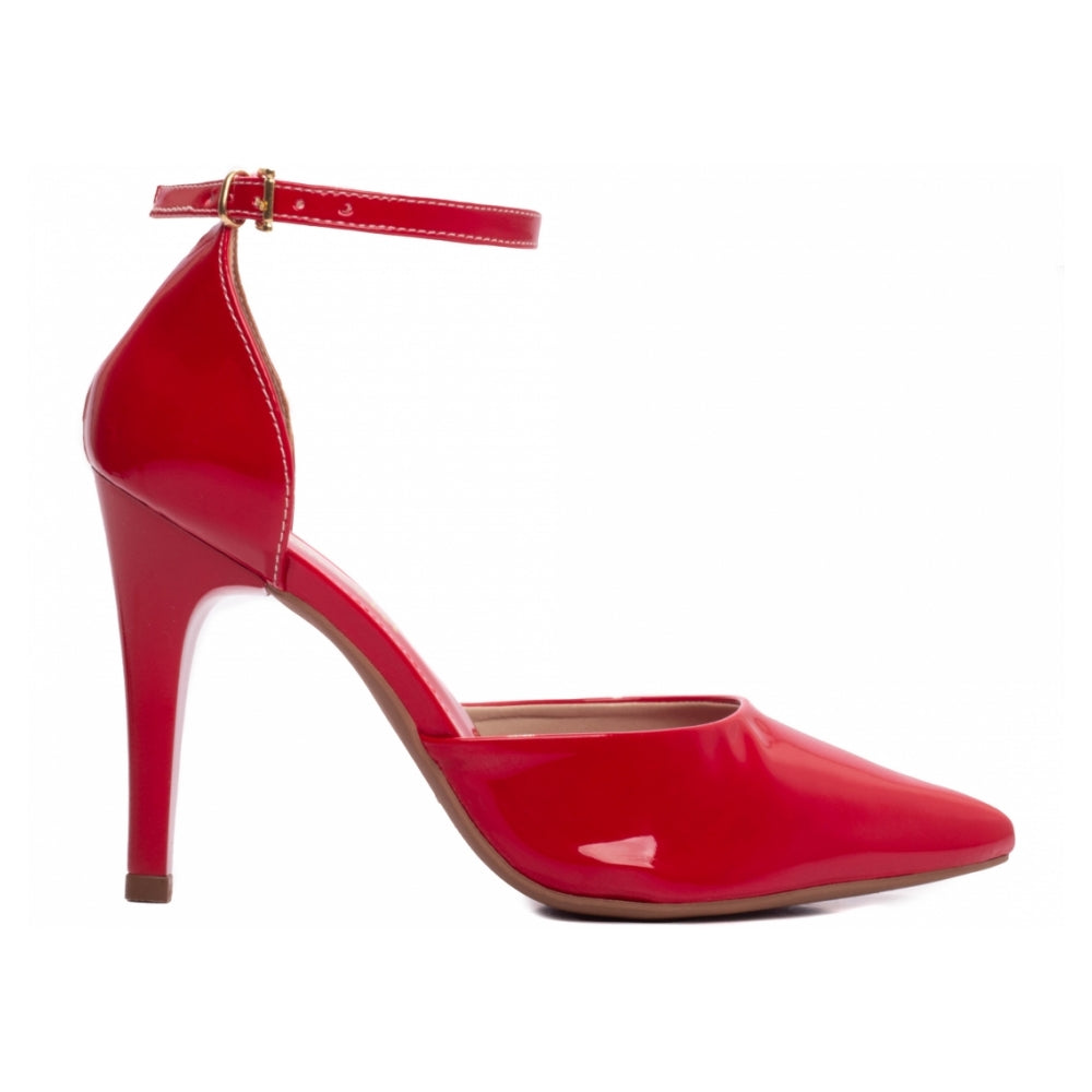 Scarpin Feminino de Salto Alto em Verniz Vermelho com Detalhe de Fivela Dourada