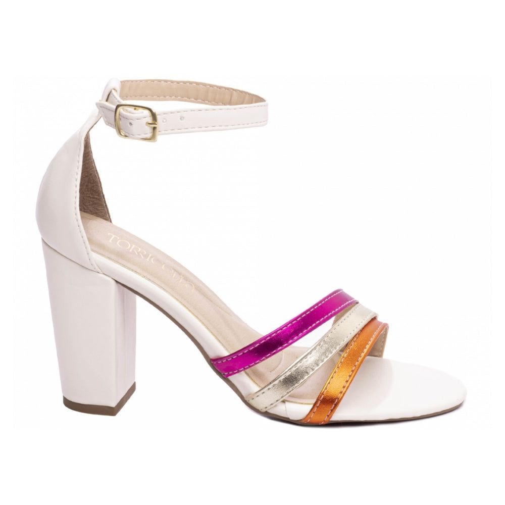 Sandalia Napa Metalizado Laranja, Ouro Light, Pink e Napa Off White com Fivela Dourada