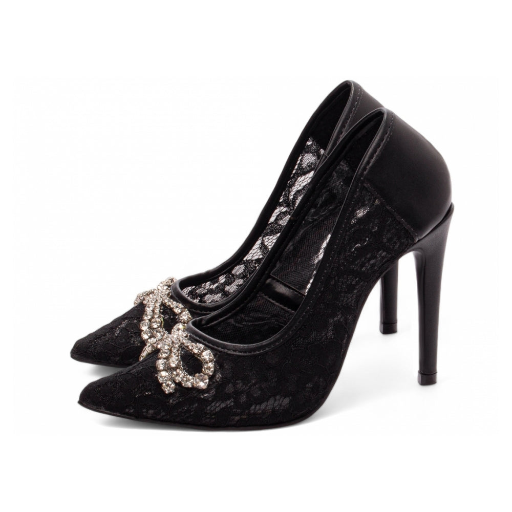 Sapato Scarpin Napa Preto e Tecido Preto Renda Detalhe Strass Salto 12