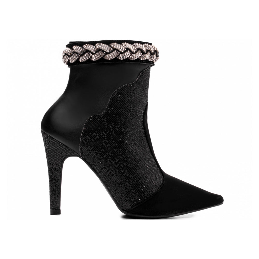 Bota Feminina de Cano Curto em Napa Preto e Glitter Strass