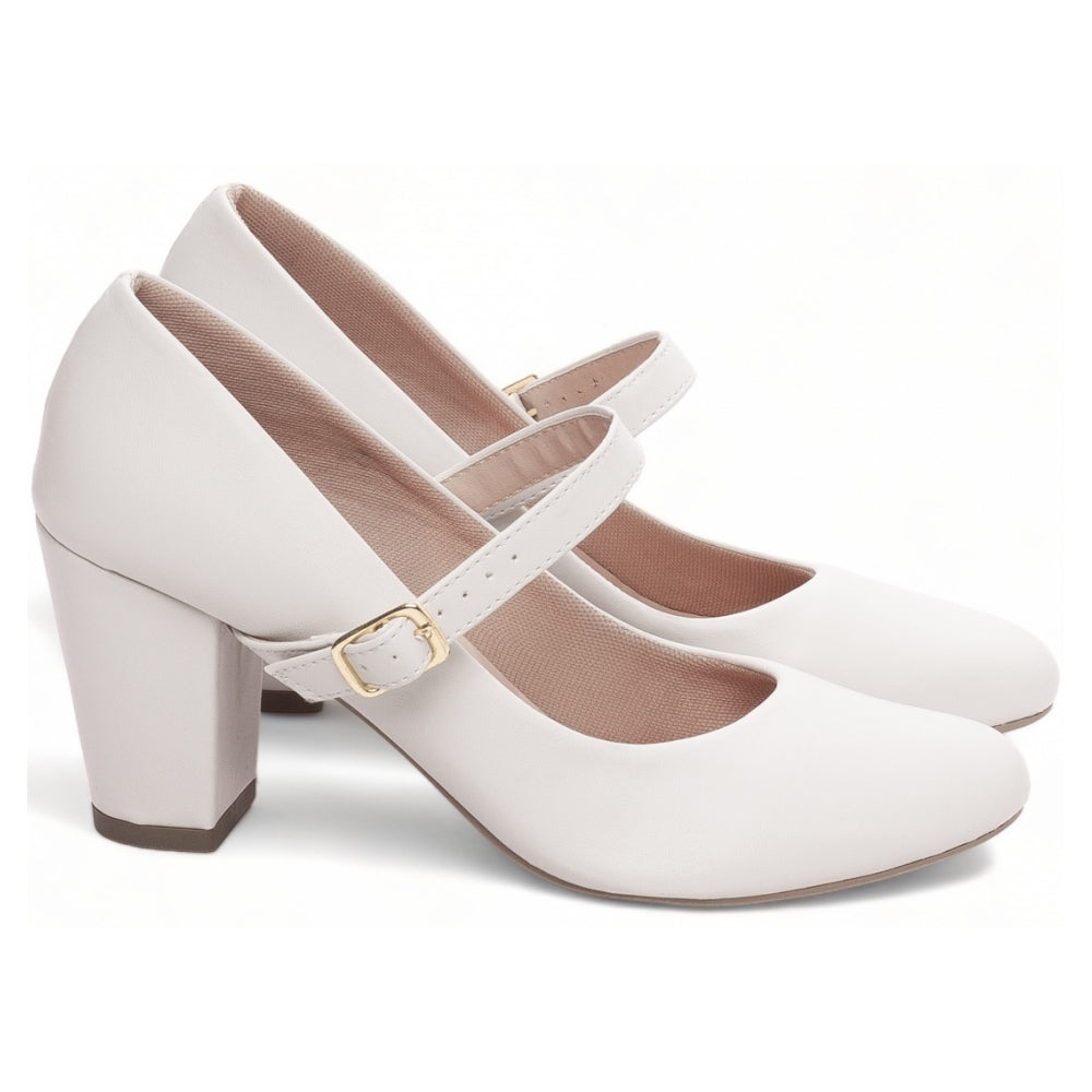 Scarpin Boneca em Napa Off White com Fivela Dourada