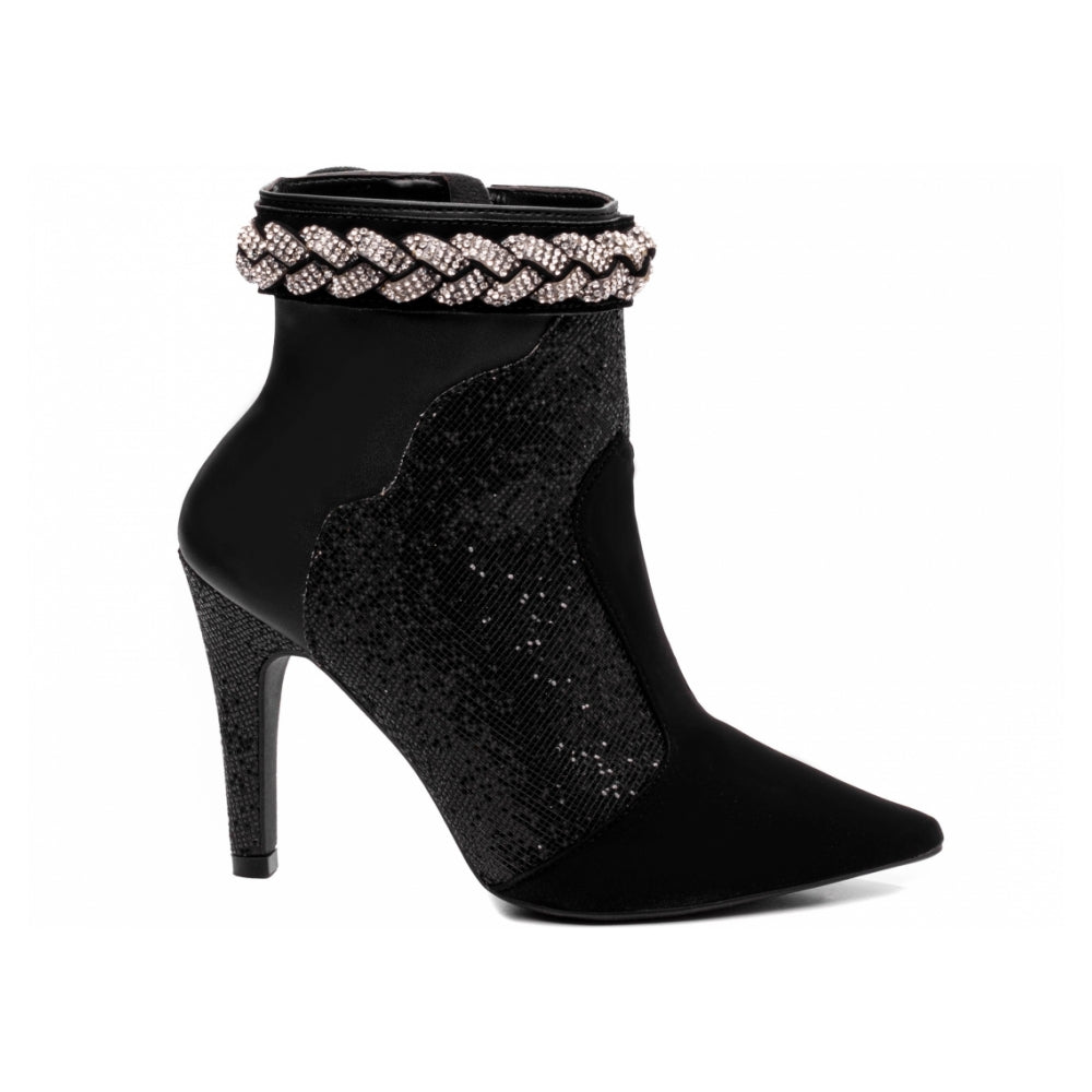 Bota Feminina de Cano Curto em Napa Preto e Glitter Strass