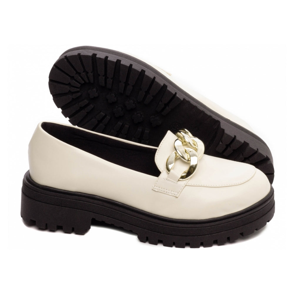 Mocassim Feminino Tratorado Napa Off White Com Corrente