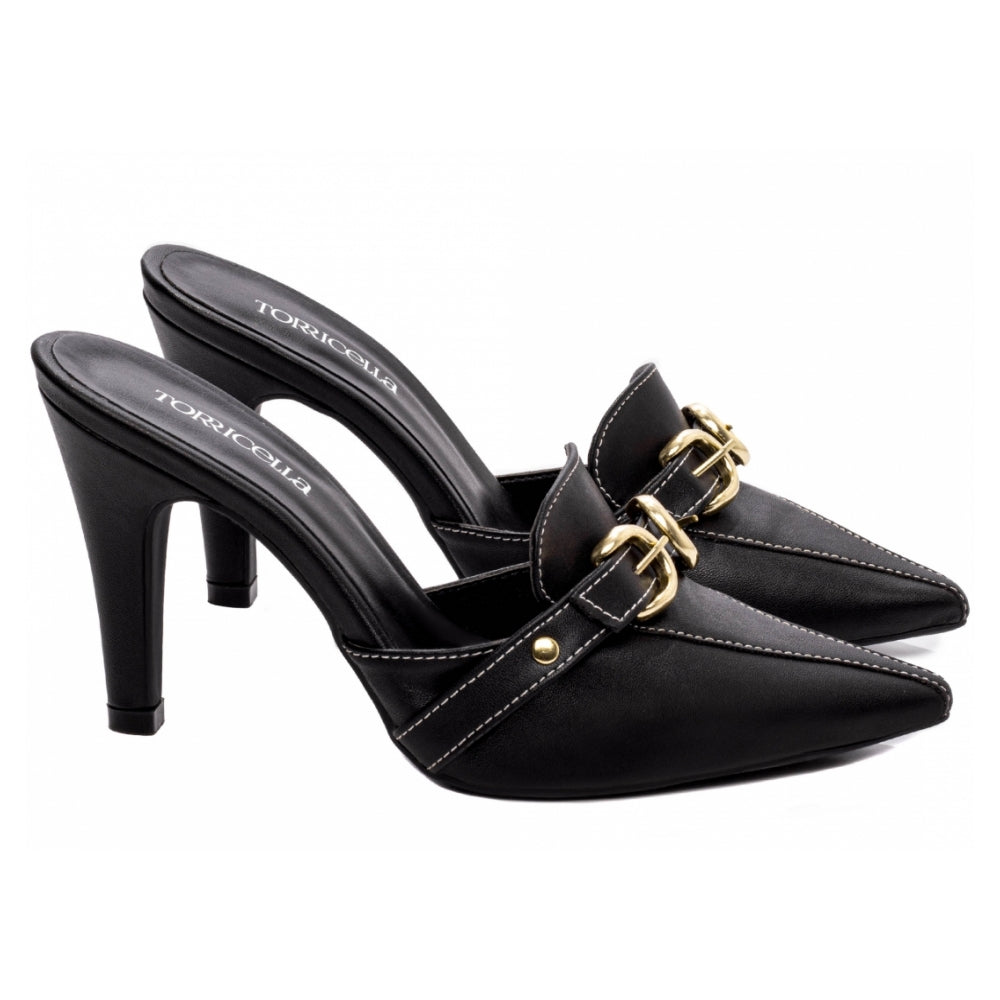 Scarpin Mule com Fivelas e Apliques em Napa Preto