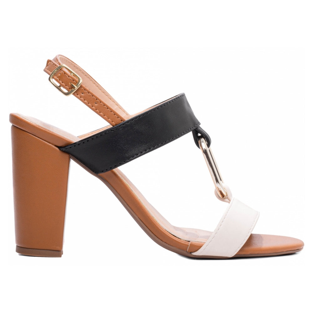 Sandalia Napa Caramelo, Off White e Preto com Fivela Dourada